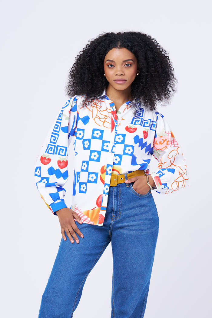 Printed button-up shirt for women long sleeve patterned shirt