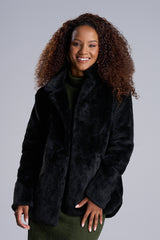 Black faux fur coat for women collared winter coat