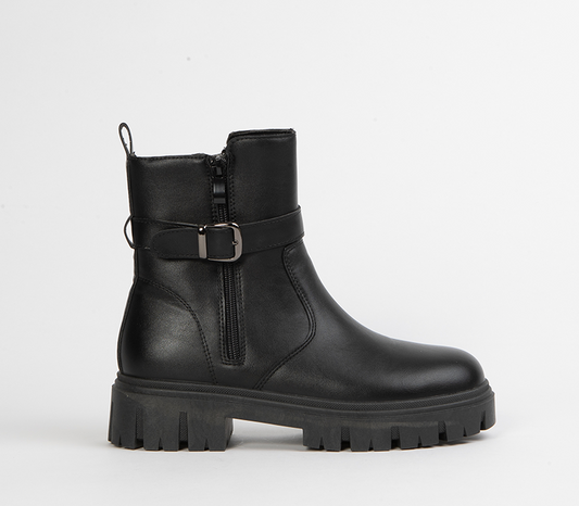 Black Chunky Buckle Ankle Boots for Women