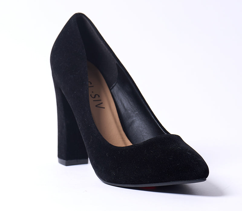 Black Suede Block Heel Court Shoes for Women