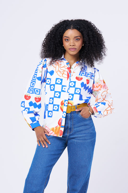 Printed button-up shirt for women long sleeve patterned shirt