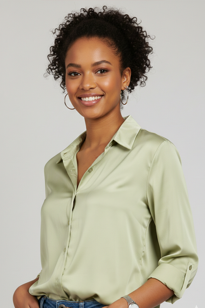 Lime Satin Shirt for Women – Long Sleeve Button-Up