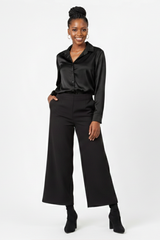 Black satin shirt for women long sleeve button-up shirt