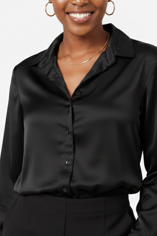 Black Satin Shirt for Women – Long Sleeve Button-Up | Rage