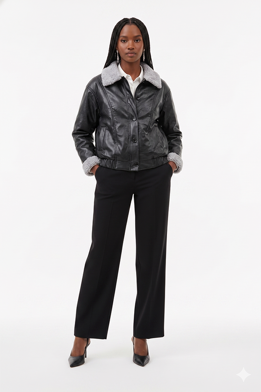 Faux leather jacket for women with fur detail bomber jacket