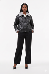 Faux leather jacket for women with fur detail bomber jacket