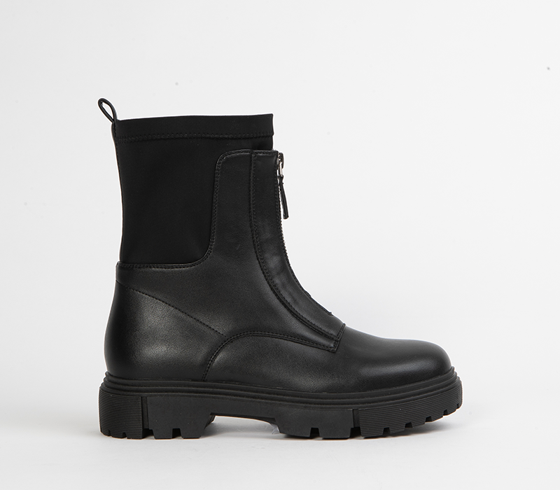 Black Chunky Zip Ankle Boots for Women