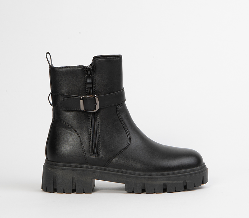 Black Chunky Buckle Ankle Boots for Women