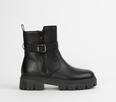 Black Chunky Buckle Ankle Boots for Women