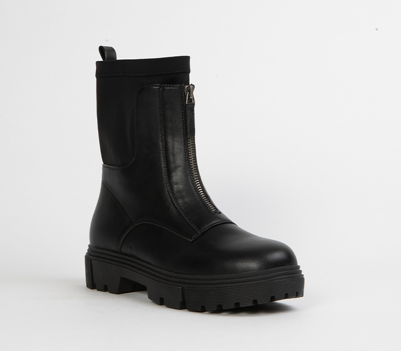 Black Chunky Zip Ankle Boots for Women